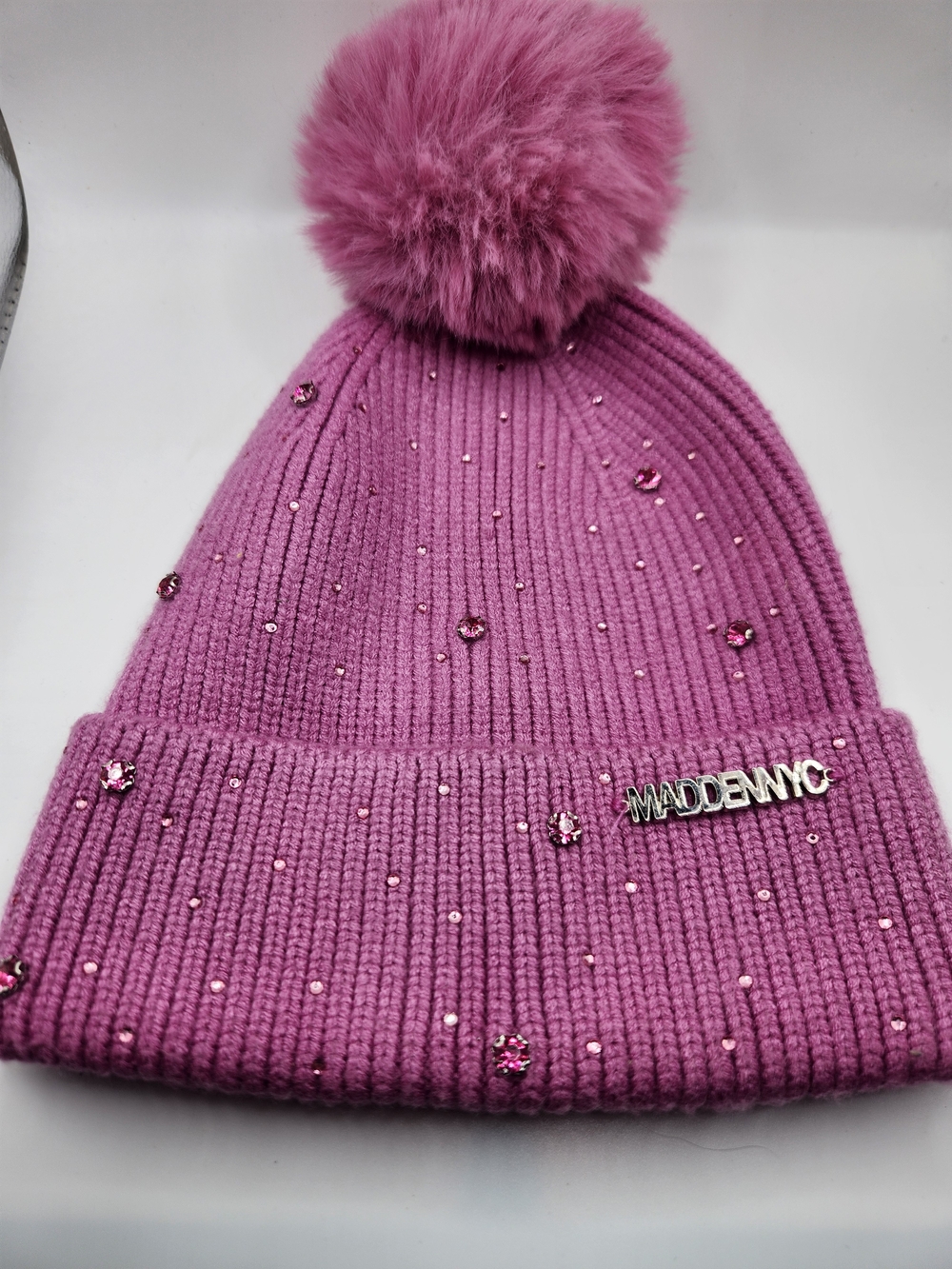 Madden NYC Pink Pom Beanie with Crystal Accents